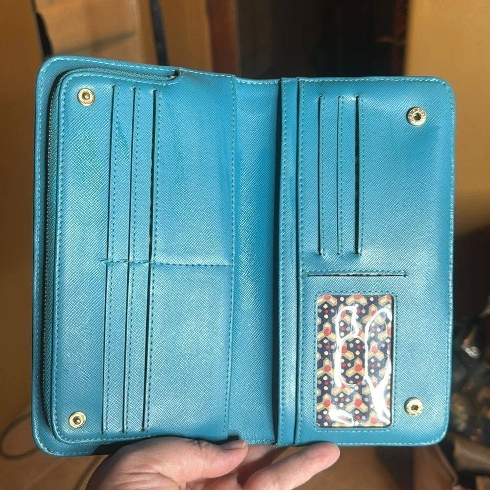 TORY BURCH Zip Around Snap Blue Leather Logo Wallet Clutch